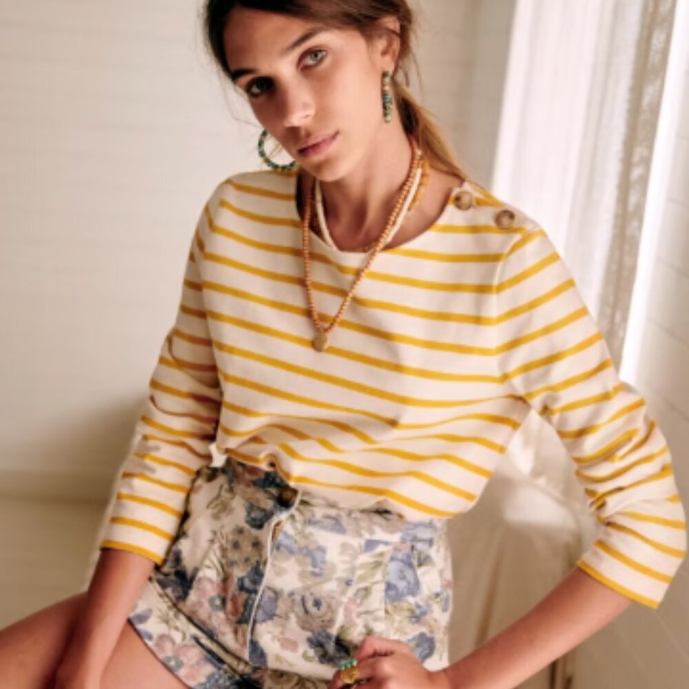 Sezane Colette Mariniere Cream & Mustard Striped Boatneck Top XS